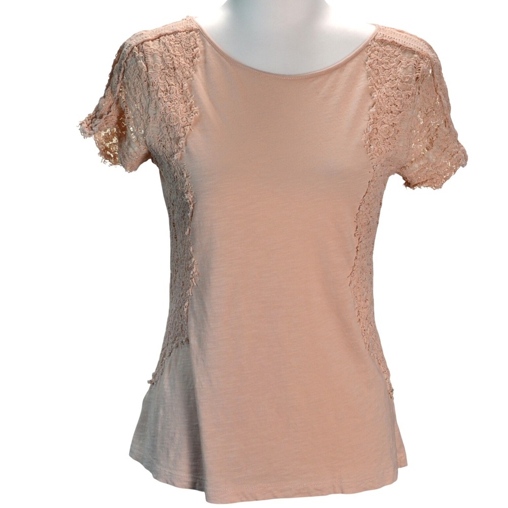 Ann Taylor LOFT Lace Panel Tee Casual Work Date Night Spring Blush Pink Size S